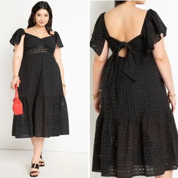 Eloquii Eyelet Dress With Sheer Detail black , size 14 - Picture 1 of 16